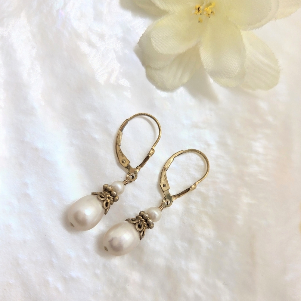 Bridgerton Gold White Pearl Clasp 14k Gold Filled Dangle Earrings